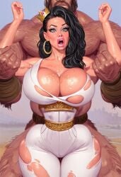 ai ai_generated barbarian bigger_male bimbo bimbo_body bimbo_lips black_hair elf elf_ears elf_female fantasy forced hairy_arms hairy_chest muscular_male oc original_character princess princess_elarion ripped_clothing smaller_female