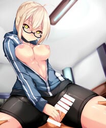 1boy artoria_pendragon bike_shorts blonde_hair blush censor_bar censored_penis choker fate/grand_order fate_(series) female glasses holding_penis jacket looking_down_at_viewer medium_breasts megane mysterious_heroine_x_(alter) navel nipples puffy_areola skin_tight spats straddling thigh_grab thighs track_jacket yellow_eyes zuo_wei_er