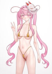 1girl absurdres alternate_hairstyle areola_slip bikini blush breasts commentary cowboy_shot expressionless fox_mask gold_bikini hair_intakes hata_no_kokoro highres large_variant_set long_hair looking_at_viewer mask mask_on_head medium_breasts navel ni_(221) open_mouth pink_eyes pink_hair sidelocks simple_background solo swimsuit touhou twintails untranslatable_commentary v variant_set very_long_hair white_background