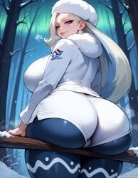 ai_generated ass_focus balecxi curvy earrings from_below fur_scarf headwear huge_ass huge_breasts large_breasts leggings long_hair looking_at_viewer melony_(pokemon) naughty_face pokemon pokemon_ss scarf sitting smile streaked_hair thick thick_thighs white_hair