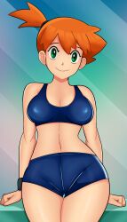 1girls breasts female female_only green_eyes human kasumi_(pokemon) orange_hair pokemon shorts solo sonson-sensei swimsuit swimwear