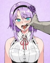 1girls absurdres bare_shoulders blue_eyes blush breasts colorized dagashi_kashi drooling female finger_in_another's_mouth flower hairband highres jjune large_breasts looking_at_viewer mouth_pull open_mouth oral_invitation pov purple_hair saliva shidare_hotaru solo_focus suggestive_fluid teeth third-party_edit tongue tongue_out upper_body veins