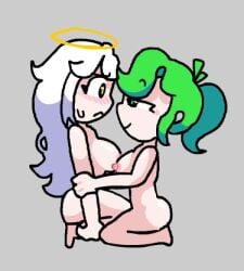 2girls among_us big_breasts breasts_squeezed_together femdom fnf_mods friday_night_funkin green_hair mitori_(vs_human_impostor) naked normal_breasts nude shiro_(vs_human_impostor) shy side_view smirk vs_human_impostor vs_impostor white_hair