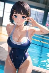 ai_generated asian asian_female bare_legs black_hair blue_eyes gigantic_breasts huge_breasts huge_thighs imayoai kirigaya_suguha light-skinned_female light_skin looking_at_viewer massive_breasts one-piece_swimsuit short_hair smiling solo_female squatting sweat sweatdrop swimsuit sword_art_online thick_body thick_female thick_thighs thighs voluptuous voluptuous_female