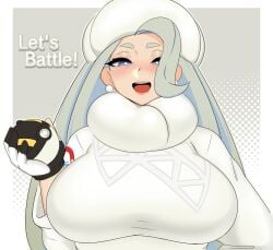 1girls big_breasts blue_eyes blush border breasts creatures_(company) earrings female fur_collar game_freak gloves gradient_background grey_background grey_hair hat highres holding holding_poke_ball jewelry large_breasts lips long_hair long_sleeves melony_(pokemon) nintendo open_mouth poke_ball pokemon pokemon_ss shnibbles smile solo sweater teeth tongue upper_body upper_teeth_only white_border white_hat white_sweater