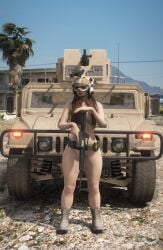 1girls 3d 3d_(artwork) army belt brown_eyes brown_hair car completely_naked completely_naked_female exhibitionism exhibitionist female female_focus female_only footwear glasses grand_theft_auto grand_theft_auto_online grand_theft_auto_v gta5 gta_5 gta_v gtav hair_covering_breasts hair_on_breasts hair_over_breasts helmet kemikarugaru long_hair looking_away military military_helmet military_vehicle naked naked_female naked_footwear naked_helmet nude nude_female nudism nudist nudity outdoor_nudity outdoors pubic_hair soldier solo tactical_nudity thick_thighs thin_waist vehicle