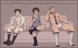 2024 3boys balls ballsack beard brown_hair bulge bulge_through_clothing color colored couch couch_sitting dark_circles dave_miller digital_drawing_(artwork) digital_media_(artwork) english_text eye_bags facial_hair five_nights_at_freddy's five_nights_at_freddy's_(film) fnaf gay_male glasses grey_eyes grey_hair half-dressed half_naked hi_res high_resolution highres light-skinned_male light_skin looking_at_viewer looking_away male male_only multiple_boys nipples open_shirt pale-skinned_male pale_skin penis penis_under_clothes pink_nipples repressed_youth scar scars scars_all_over scottgames short_hair simple_background sitting sitting_down sitting_on_couch smile smiling smiling_at_viewer socks tank_top text tie twink twink_death unbuttoned unbuttoned_shirt underwear william_afton william_afton_(film)