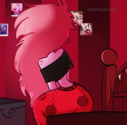 bed bedroom cherri_bomb_(hazbin_hotel) fat_ass fluffy_hair hazbin_hotel loose_clothes loose_shirt messy_hair pajama_pants pajamas pink_hair sleepy thick_thighs