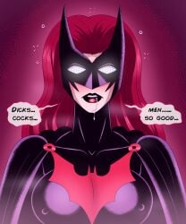 batman_(series) batwoman big_breasts brainwashing cape dc dc_comics dialogue drool drooling female_focus female_only hypnosis kate_kane lesbian_conversion lesbian_with_male light-skinned_female lipstick long_hair mask mind_control nipples_visible_through_clothing orientation_play pale_skin polmanning purple_background red_background red_hair red_lipstick saliva solo_focus speech_bubble spiral_eyes straight superheroine text white_eyes