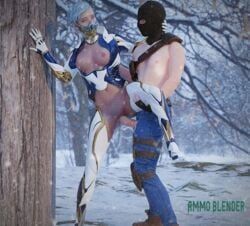 1boy 3d against_wall ammo_blender armor blender frost_(mortal_kombat) male mask medium_breasts mortal_kombat mortal_kombat_11 outdoor outdoor_sex outdoors outside snow standing_sex unseen_male_face vaginal_penetration white_hair