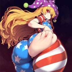 1girls 2d ai_generated american_flag american_flag_clothing ass ass_focus back_view big_ass bottom_heavy clothed clownpiece dat_ass fairy female flat_chest groping_ass groping_own_ass hand_on_ass hand_on_own_ass hat heavenly_ass hips holding_ass huge_ass large_ass long_hair looking_at_viewer looking_back looking_back_at_viewer low-angle_view mochipawg polka_dot_hat polka_dots red_eyes ripped_clothing ripped_pants short_sleeves smile solo source standing thick_thighs thighs touhou wide_hips