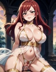 ai_generated crotchless crotchless_g-string cum_in_pussy erza_scarlet fairy_tail g-string goddess large_breasts naughty_face payop pony_diffusion_xl red_hair redhead sex silk silk_dress stockings vaginal_penetration vaginal_sex