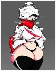 1girls aftertale beambobblox big_breasts breasts female female_focus female_only female_sans geno_sans glitch glitched glitched_eyes glitching huge_breasts red_scarf thick_thighs undertale undertale_au white_eyes white_hair white_shirt