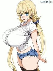 1girls animated asanagi big_breasts big_eyes blonde blonde_hair blouse blue_eyes bouncing_breasts clothed curvy cute_fang daisy_dukes denim denim_shorts female female_only flirting frilled_shirt gif huge_breasts index_finger_raised jean_shorts large_ass lk long_breasts long_hair long_twintails looking_at_viewer loop midriff naughty_face navel nipple_bulge no_sound round_ass scrunchie short_shorts short_sleeves shorts sideboob simple_background skindentation small_but_busty smirk solo stockings stretched_clothing swinging_breasts thick_thighs thigh_squish thighhighs twintails video voluptuous white_background white_shirt wink