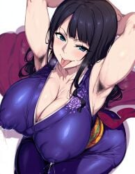 1girls ai_generated armpit_hair armpits arms_behind_head big_breasts black_hair blue_eyes busty cleavage covered_nipples deepjungle female female_only lactation large_breasts legs naughty_face nico_robin one_piece pose posing sensual smile thick_thighs thighs tongue tongue_out