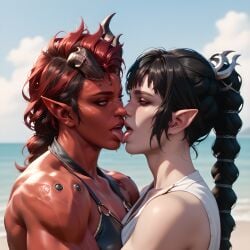 ai_generated baldur's_gate_3 bangs beach braided_ponytail demon_girl eogard_orc karlach lesbian_couple lesbian_kiss passionate_kiss pointy_ears red_skin saliva shadowheart yuri