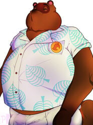 2020 absurdres animal_crossing anthro belly bottomwear brown_body brown_fur canid canine closed_eyes fur furry genital_outline highres male male_only mammal nintendo overweight overweight_male purple_tuesdays raccoon_dog shirt shorts simple_background solo tanuki testicles_outline tom_nook topwear white_background