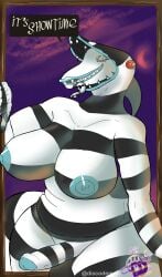 absurd_res anthro areola balls beetlejuice big_breasts blue_nipples breasts dialogue discodemon futa_only futanari genitals gynomorph hi_res huge_breasts intersex lips long_tongue markings nipples nude open_mouth penis sandworm striped_body stripes thick_thighs tongue worm