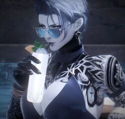 beach bikini blue_eyes bra drink drinking earrings grey_hair lipstick looking_over_eyewear looking_over_sunglasses path_to_nowhere sunglasses tattoo tattoos tinted_eyewear witchdroproe zoya_(path_to_nowhere)