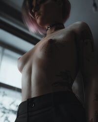 1girls 3d areolae blender breasts cd_projekt_red choker closed_eyes collarbone cyberpunk_2077 ecksoh female female_only fit_female from_below highres indoors judy_alvarez medium_hair multicolored_hair nipples pants partially_clothed small_breasts solo solo_female tattoo tattooed_arm tattoos window