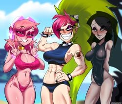 3girls abs athletic athletic_female bare_midriff beach biceps big_breasts bikini black_hair bracelet breasts busty cartoon_network choker cleavage cleavage_cutout collar demencia_(villainous) eyeshadow female female_focus female_only fit fit_female flexing hands_behind_back hourglass_figure lipstick littlewitchnsfw long_hair makeup mascara medium_breasts miss_heed_(villainous) muscles muscular muscular_female nail_polish navel outdoors outside penumbra_(villainous) red_hair slender_body slender_waist slim slim_girl slim_waist smile smiling swimsuit tagme toned toned_body toned_female v v_sign villainous wide_hips