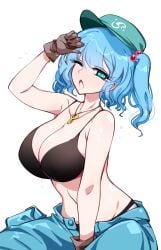 1girls barely_clothed big_breasts bikini black_bikini black_bra blue_eyes blue_hair bra breasts cap cleavage gloves hat key_necklace light-skinned_female nitori_kawashiro one_eye_closed pants raptor7 solo solo_female thong touhou twintails white_background