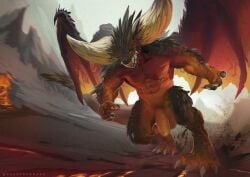 anthro athletic balls bodily_fluids capcom claws dragon erection foreskin genital_fluids genitals male male_focus male_only monster_hunter mythological_creature mythological_scalie mythology nergigante pecs penis precum reddyrennard running scalie solo teeth wings