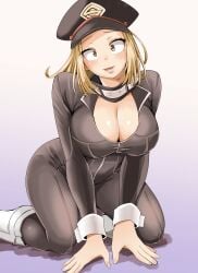 absurdres adahcm black_bodysuit black_hat blonde_hair bodysuit boku_no_hero_academia breasts brown_eyes camie_utsushimi catsuit cleavage female hat highres kneeling large_breasts long_hair looking_at_viewer my_hero_academia peaked_cap solo wrist_cuffs