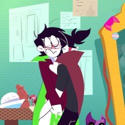 2024 2boys accurate_art_style bitting_neck black_eyes black_hair black_shirt condom detailed_background dildo ethan_(spooky_month) gothic grabbing_ass green_cape mirror pale_skin plushie punk red_cape red_glasses sofi_misu streber_(spooky_month) vampire_costume white_body