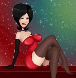 black_hair despicable_me despicable_me_4 dress earrings illumination_entertainment lipstick looking_at_viewer minions_(film) panties red_dress scarlet_overkill seductive seductive_pose seductive_smile short_hair smiling sonson-sensei universal_studios