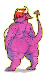 anthro archdemon_(dragon_quest) ass big_breasts big_butt black_lipstick breasts demon digitigrade dragon_quest ears_down female genitals hair hair_over_eyes hi_res horn huge_breasts huge_butt lipstick looking_at_viewer looking_back looking_back_at_viewer makeup nude orange_hair pivoted_ears purple_body purple_scales pussy rear_view scales short_hair simple_background smile solo spade_tail square_enix tail thespanker_(artist) white_background white_body white_horn white_scales