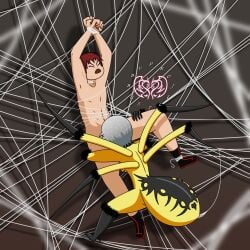 1boy 1girls arachne arachnid assertive assertive_female blowjob fellatio femdom male_rape_victim monster_girl oral oral_sex original_character original_characters projectsubby restrained reverse_forced_oral reverse_rape spider spider_girl spiderweb suck_him_dry tied_hands tied_up trapped web