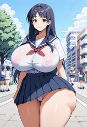 1girls ai_generated big_breasts black_eyes black_hair female from_behind happy happymouse huge_breasts long_hair looking_away miniskirt saki saki_achiga-hen school_uniform schoolgirl schoolgirl_uniform shimizudani_ryuuka skirt smile stable_diffusion street thick_thighs white_panties