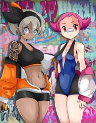 bandages bea_(pokemon) graffiti gray_hair maylene_(pokemon) pink_hair pokemon pokemon_dppt pokemon_ss sonson-sensei sports_bra sportswear tattoo