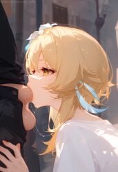 1boy 1girls ai_generated blonde_hair blowjob censored clothed clothed_sex cute deep_penetration deepthroat fellatio female genshin_impact kneeling lumine_(genshin_impact) mihoyo miurai oral outdoors outside petite public public_sex saliva skinny slim teenager tight_throat young