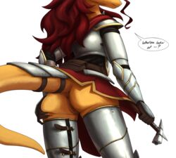 alpha_channel anearbyanimal anthro anus armor ass bottomwear butt_grab cape clothing clothing_lift dragon dragonborn english_text female genitals hair hammer hand_on_butt hi_res long_hair no_underwear orange_body phyfyrie_kiln pussy red_hair skirt skirt_lift solo speech_bubble teasing text tools weapon