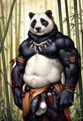 1boy 2024 abs ai_generated animal_humanoid anthro avaru balls bamboo bamboo_forest bear belly belly_button biceps black_body black_fur black_nipples foreskin fur furry genitals humanoid loincloth loincloth_aside male male_focus male_only mammal mammal_humanoid multicolored_body multicolored_fur muscular muscular_male nature nature_background navel nipples nude panda panda_ears penis pierced_ears piercing precum primal_wilds sagging_balls solo tagme testicles tribal tribal_clothing tuft tufted_fur ursid ursid_humanoid ursine white_fur