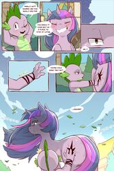 2:3 ass blush bodily_fluids building cold-blooded-twilight comic dialogue dragon english_text equid female feral friendship_is_magic furry genital_fluids hand_on_ass hand_on_butt hi_res horn house larger_female leaf male mammal my_little_pony outside pussy pussy_juice size_difference smaller_male smile spike_(mlp) text twilight_sparkle_(mlp) unicorn