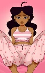 aged_up birthmark black_eyes black_hair bra brown_hair brown_skin c-cup_breasts disney disney_channel earrings facing_viewer female female_focus female_only gold_earrings gold_jewelry human human_only humanoid large_breasts long_hair long_hair_female mole pajamas penny_proud pink_background pink_pajamas pink_shirt sitting sitting_on_bed smiling sonson-sensei stripe_shirt the_proud_family