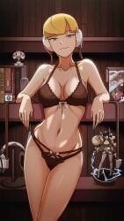 blonde_hair blue_eyes books diglett elesa_(pokemon) elesa_(pokemon_bw) emolga female figurine headphones highres legs_together lingerie looking_at_viewer medium_breasts navel panda pokeball pokemon pokemon_bw pp_up ribbon skyla_(pokemon) smug solo vivivoovoo