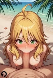 1boy ahoge ai_generated bangs beach blonde_hair blush breasts completely_nude day fellatio female green_eyes hair_between_eyes hoshii_miki idolmaster long_hair looking_at_viewer medium_breasts navel nipples nude ocean oral outdoors penis pikkiwynn pov solo_focus straight water