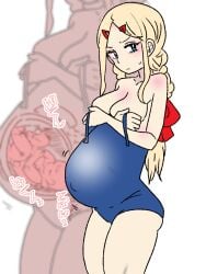 1girls blonde_hair blue_eyes blush breasts clothing cross_section female fetus kuroihi_(kuroihitsuji) legs_together long_hair original pregnant red_hair_bow school_swimsuit schoolgirl standing umbilical_cord uterus x-ray