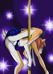 1girls 2006 antelope brown_eyes brown_hair female female_focus furry glitter_(kadath) horns kadath kadath_universe pole pole_dancing simple_background solo underwear