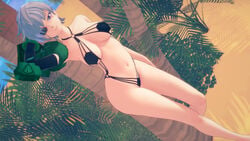 1girls 3d akame_ga_kill! beach belly bikini bikini_tan breasts eyepatch female female_focus female_only hand_on_head large_breasts looking_at_viewer mechanical_arm najenda_(akame_ga_kill!) palm_tree purple_eyes seductive seductive_look seductive_smile short_hair silver_hair smile solo solo_focus standing tree trees