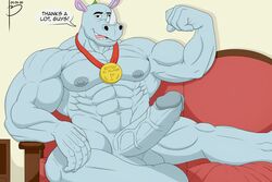 2020 3:2 5_fingers abs animal_crossing anthro bayron_(artist) big_penis black_eyes boner english_text erection eyebrows fingers flexing furniture genitals gold_medal hi_res horn jewelry leaf looking_at_viewer male male_only mammal medal muscular muscular_male necklace nintendo nipples nude penis pose rhinocerotoid smile sofa solo tank_(animal_crossing) teeth text vein veiny_penis video_games