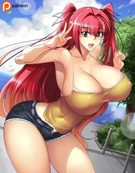 bare_shoulders cleavage demon_girl erect_nipples_under_clothes female haganef high_resolution hotpants huge_breasts large_breasts looking_at_viewer naruse_mio open_mouth red_eyes red_hair shinmai_maou_no_testament solo twintails yellow_topwear