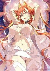 aphrodite_(fate/grand_order) arms_behind_head arms_up bangs blush breasts center_opening dress earrings fate/grand_order fate_(series) female hair_intakes heart heart_earrings highres jewelry large_breasts lipstick long_hair long_sleeves looking_at_viewer makeup multi_wing multicolored_hair navel red_hair red_wings smile solo two-tone_hair white_dress wings zeroshiki_kouichi