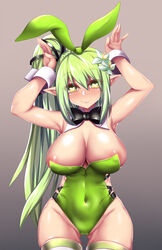 animal_ears arms_up breasts bunny_ears bunnysuit cameltoe elf elf_ears elsword female fi-san green_hair heart heart-shaped_pupils highres large_breasts nipples pointy_ears pubic_tattoo rena_(elsword) ribbon simple_background strapless_leotard symbol-shaped_pupils tattoo wind_sneaker_(elsword)