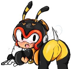 1girls antennae_(anatomy) armor arthropod ass ass_up bee bodily_fluids charmy_bee clothing eyewear female genderswap_(mtf) genitals gloves goggles goggles_on_head handwear headgear helmet hymenopteran insects it's_hip pussy rule_63 saliva saliva_string sketchbox solo sonic_(series) sonic_the_hedgehog_(series) stinger wings