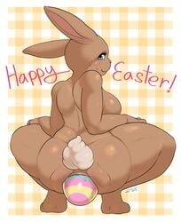 anal anal_birth anal_sex anus ass big_breasts blue_eyes breasts brown_body brown_fur bunny easter easter_egg egg egg_laying female fur furry hi_res holidays lagomorph leporid mammal nude penetration rabbit slimefur solo sweat thick_ass thick_thighs